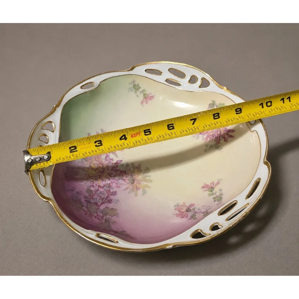 Antique Bavaria R&C Pierced Floral Serving Bowl Gold Trim Hand Painted 10.5